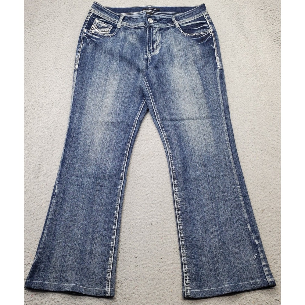 Roz & Ali Bootcut Jeans Womens 12‎ Blue Rhinestone Sequin Pocket Contrast Stitch